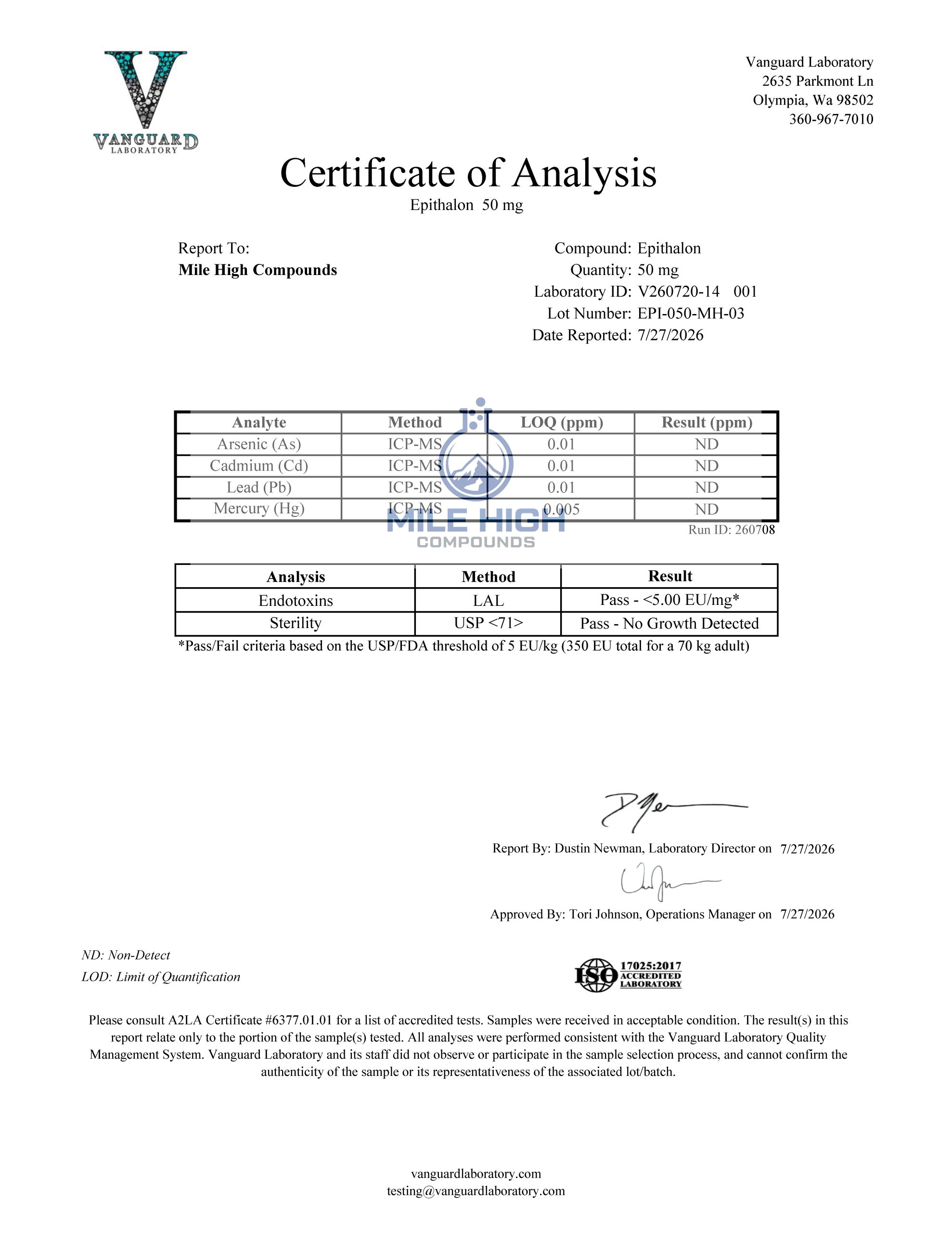 Certificate of Analysis for Epithalon from Mile High Compounds