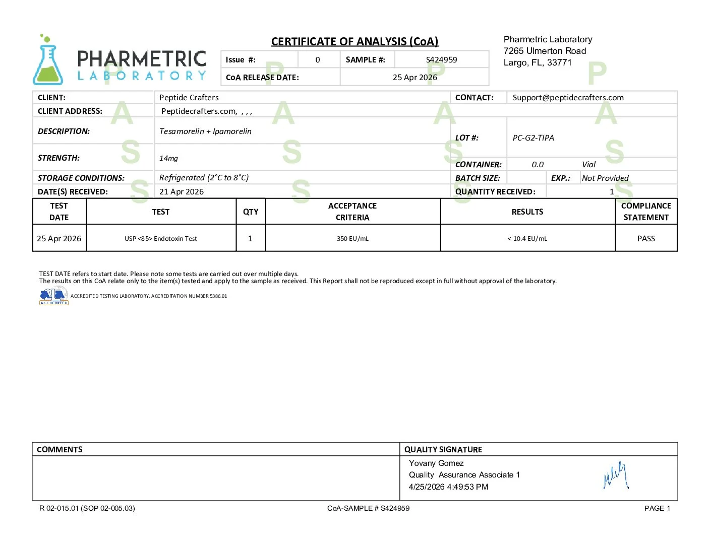 Certificate of Analysis for Tesamorelin (11mg) + Ipamorelin (3mg) Blend from Peptide Crafters