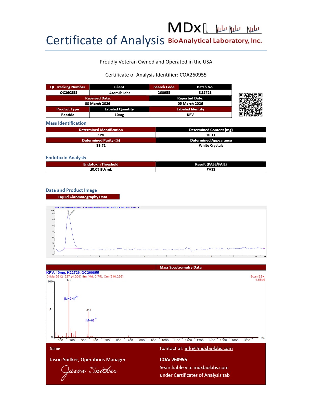 Certificate of Analysis for KPV from Atomik Labz