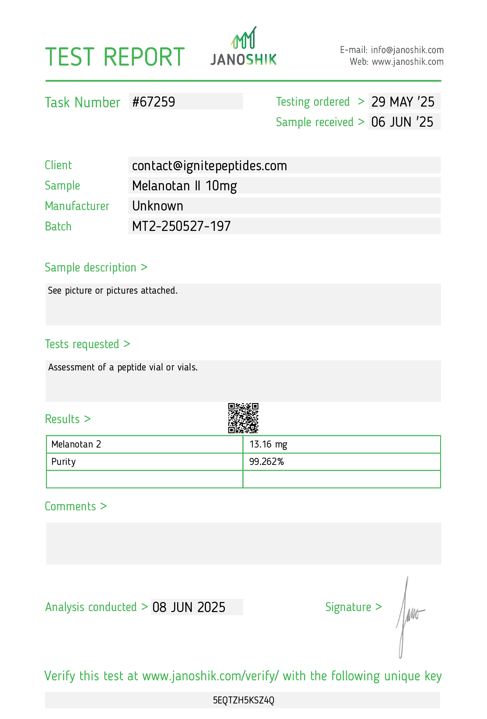 Certificate of Analysis for MT2 10mg from Ignite Peptides