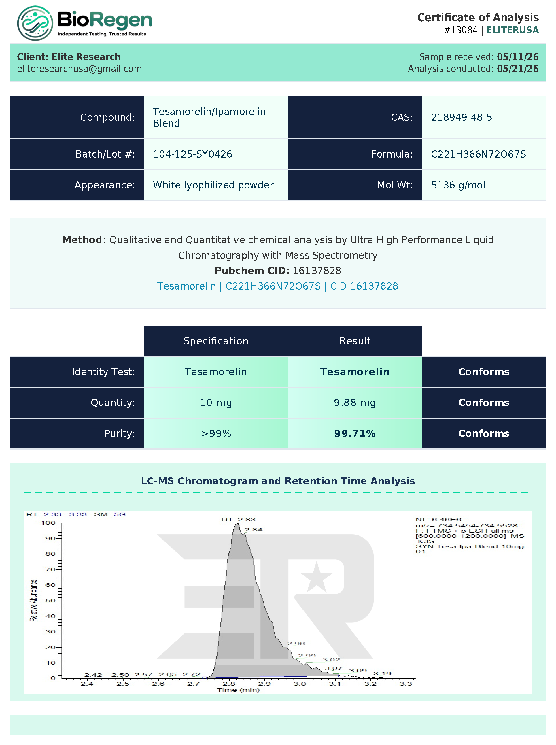 Certificate of Analysis for BioRegen COA from Elite Research USA