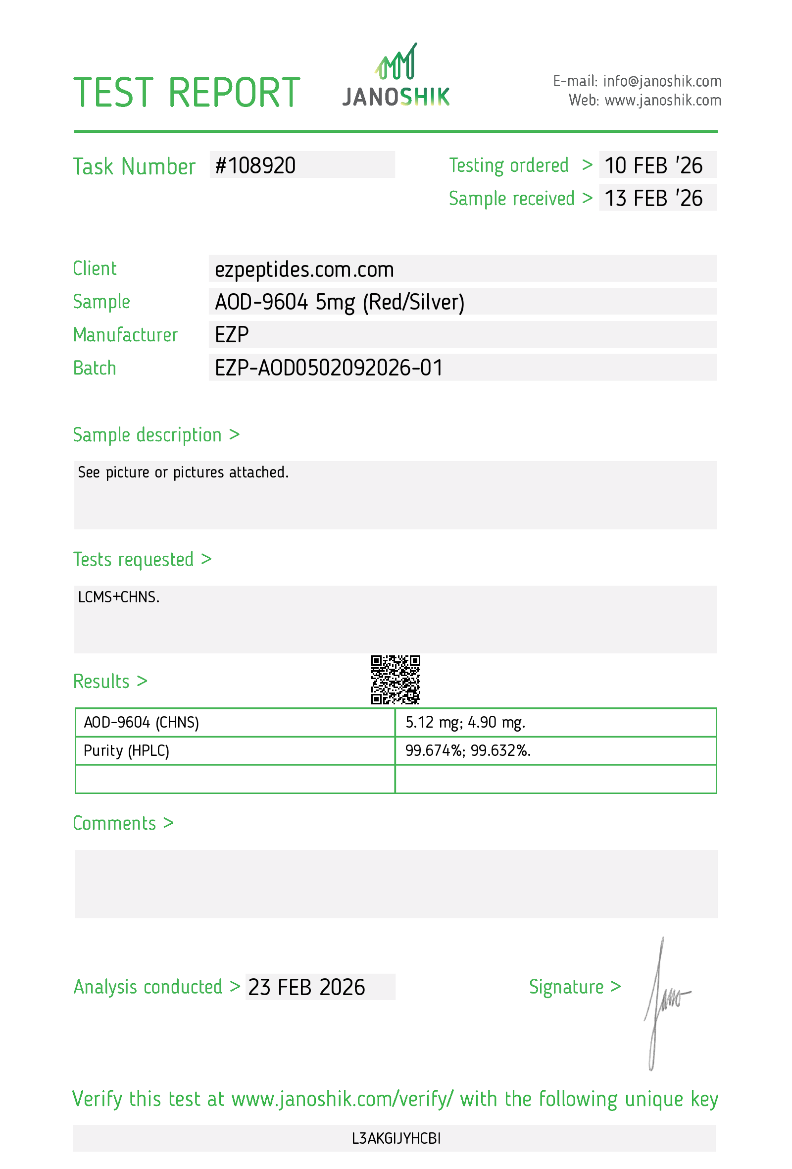 Certificate of Analysis for AOD-9604 5MG from EZ Peptides