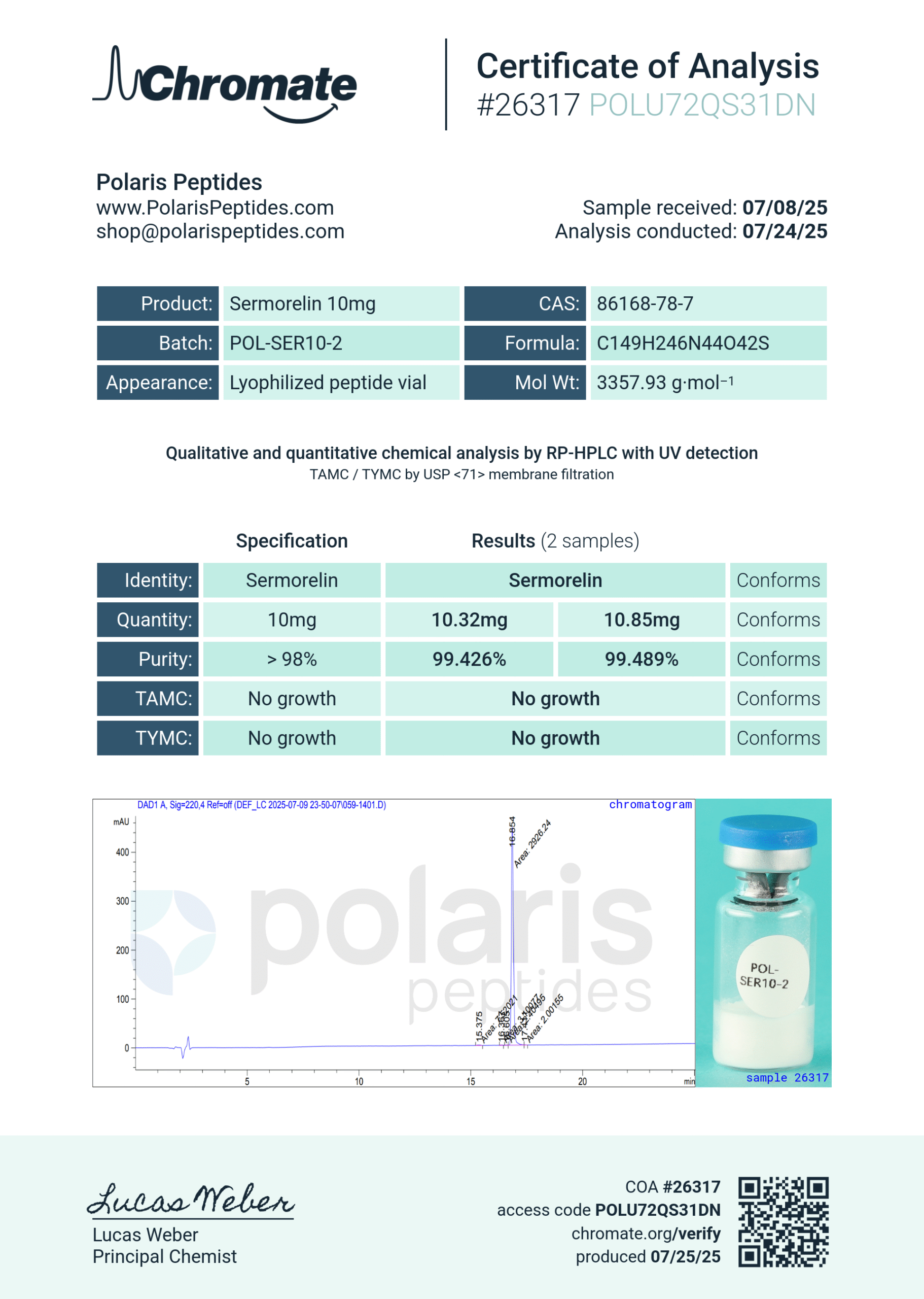Certificate of Analysis for Sermorelin 10mg from Polaris Peptides
