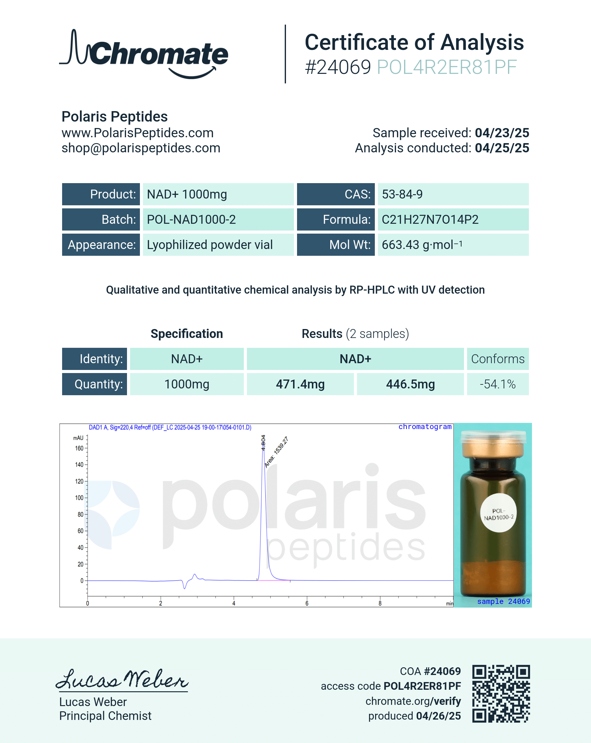 Certificate of Analysis for NAD+ 500mg from Polaris Peptides