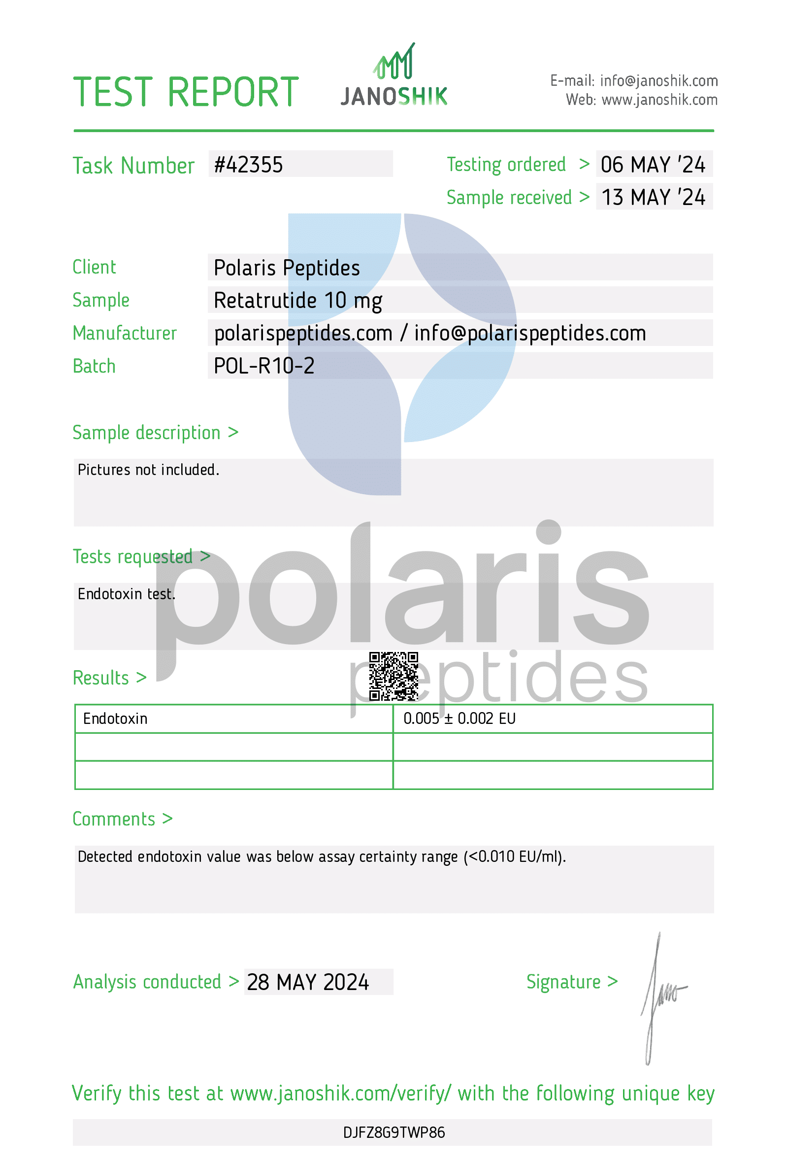 Certificate of Analysis for Retatrutide 15mg from Polaris Peptides