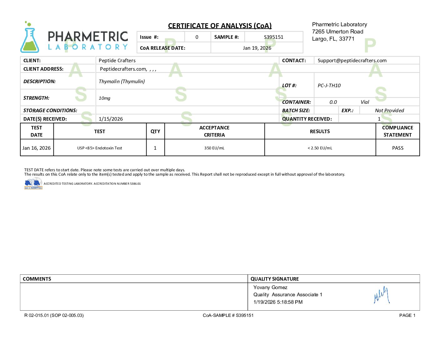 Certificate of Analysis for Thymalin - (10mg) from Peptide Crafters