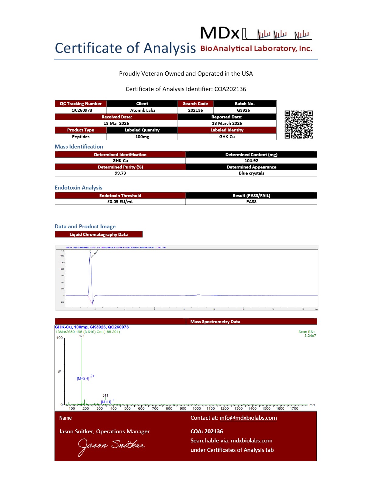 Certificate of Analysis for GHK-Cu from Atomik Labz
