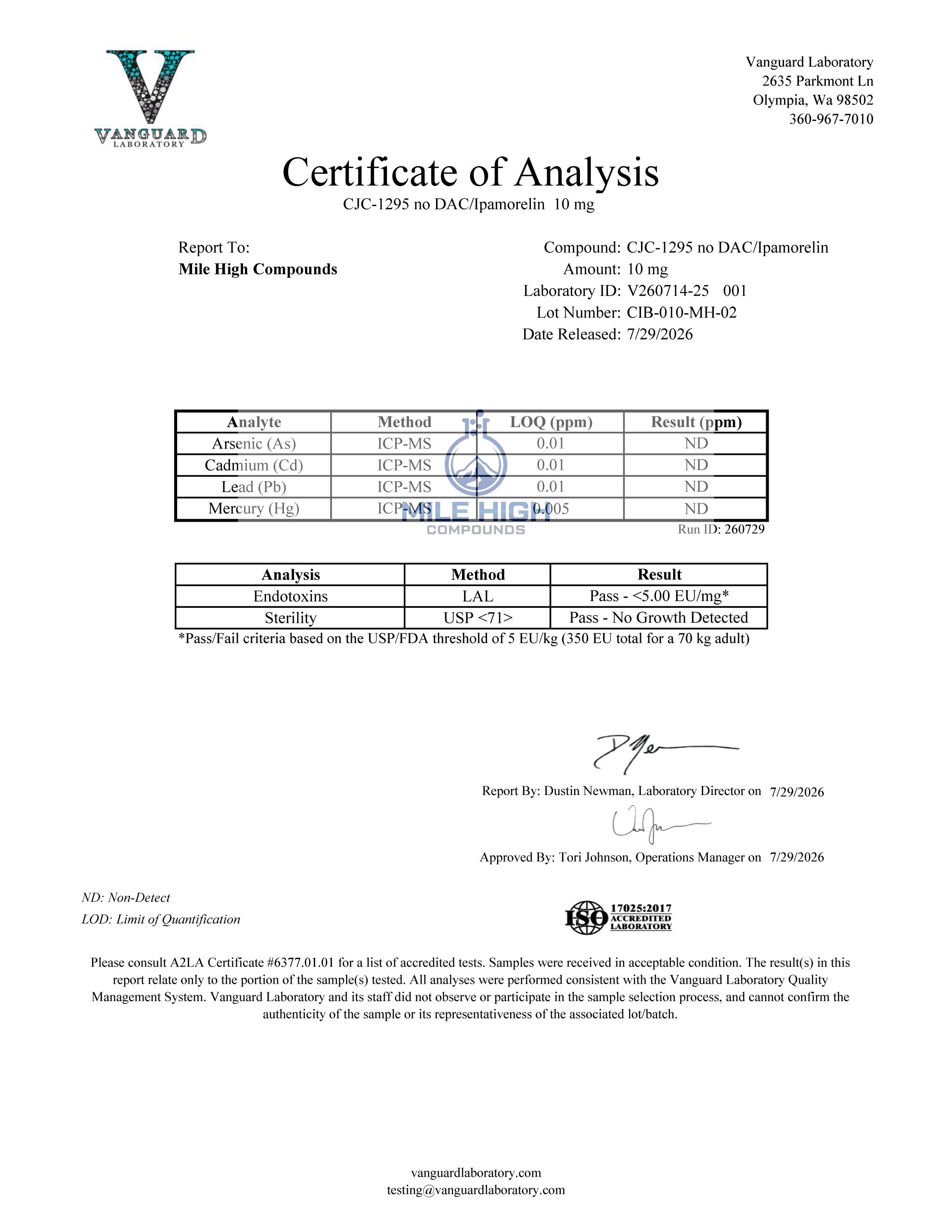 Certificate of Analysis for Cjc 1295 W O Dac Ipamorelin from Mile High Compounds