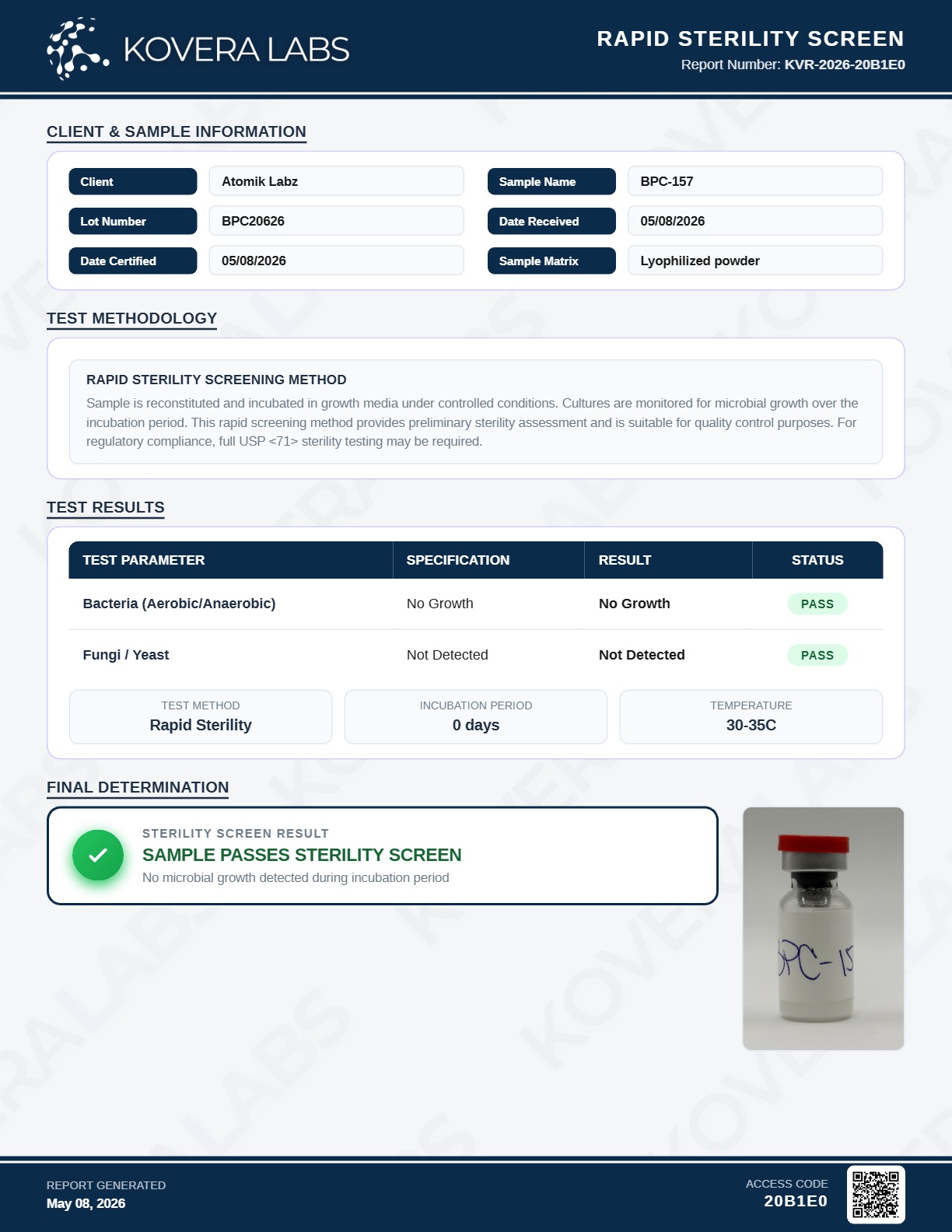 Certificate of Analysis for BPC-157 from Atomik Labz