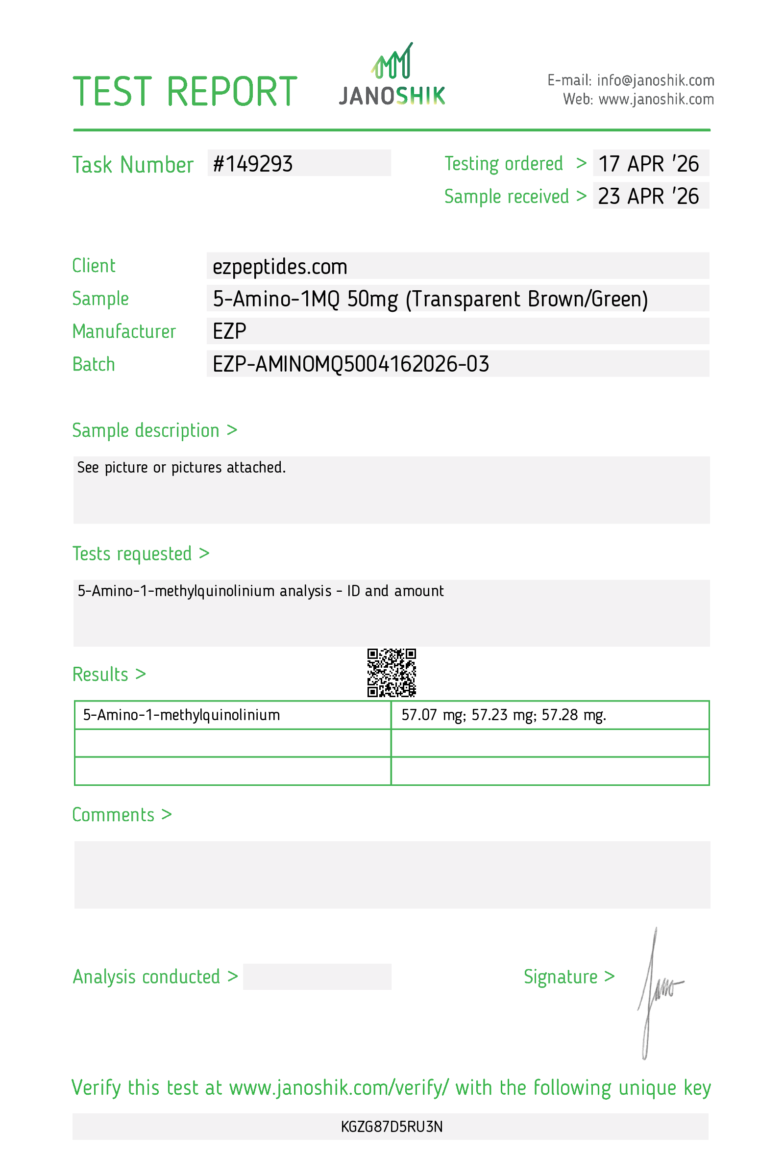 Certificate of Analysis for 5-Amino-1MQ 50mg from EZ Peptides