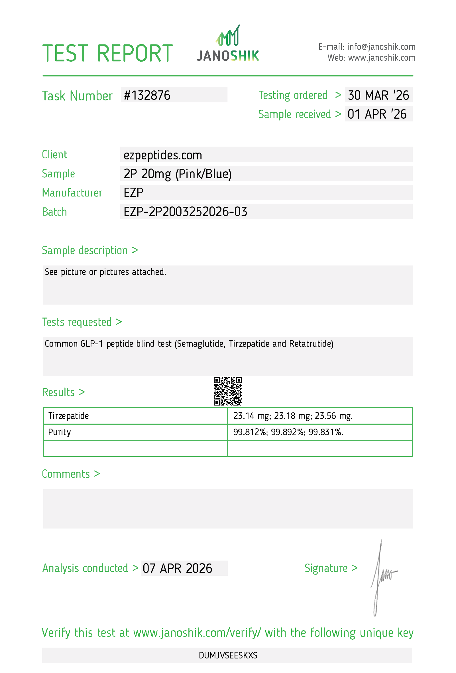 Certificate of Analysis for EZP-2P 20mg from EZ Peptides