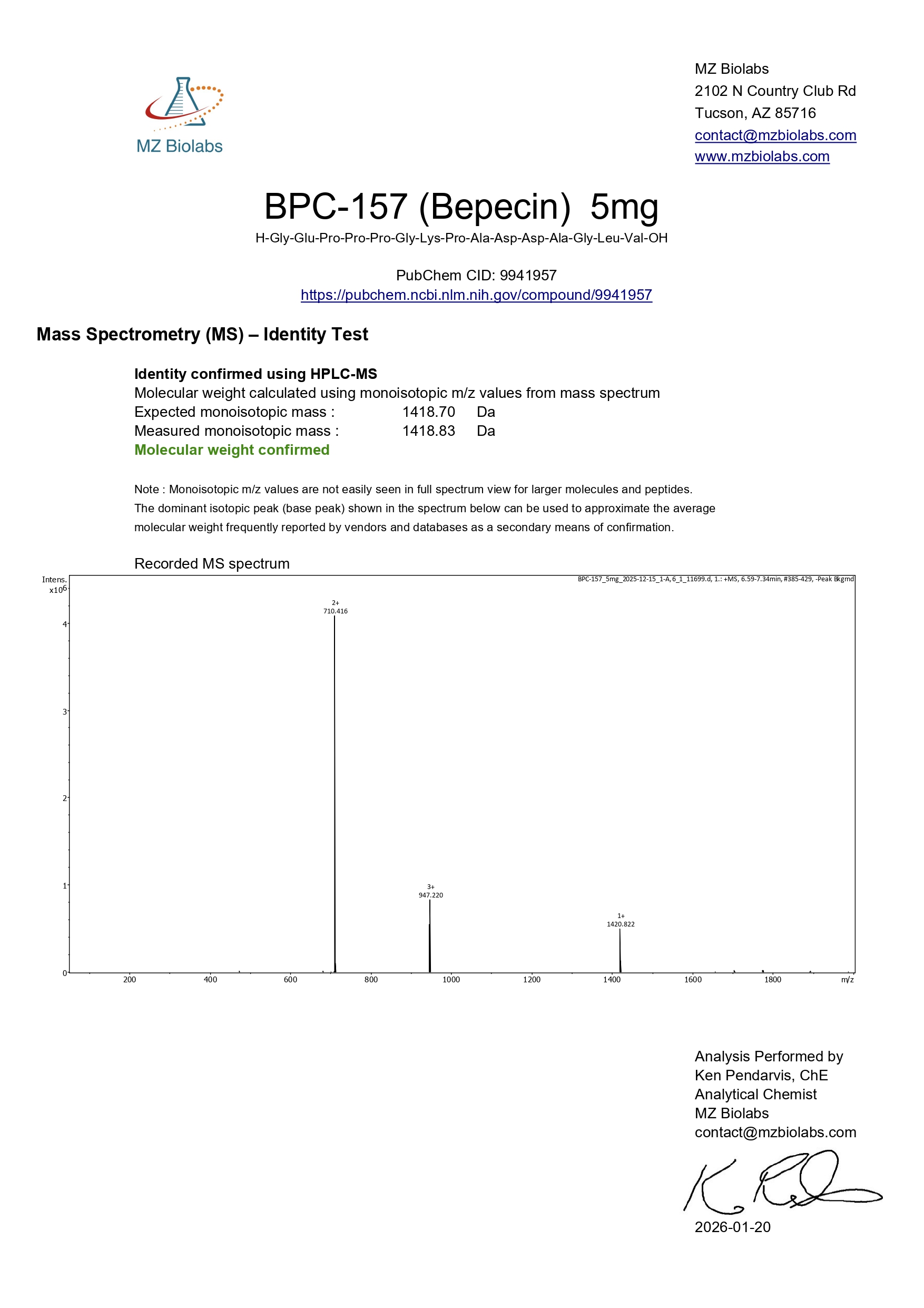 Certificate of Analysis for BPC-157 5 mg from Evolve Peptides