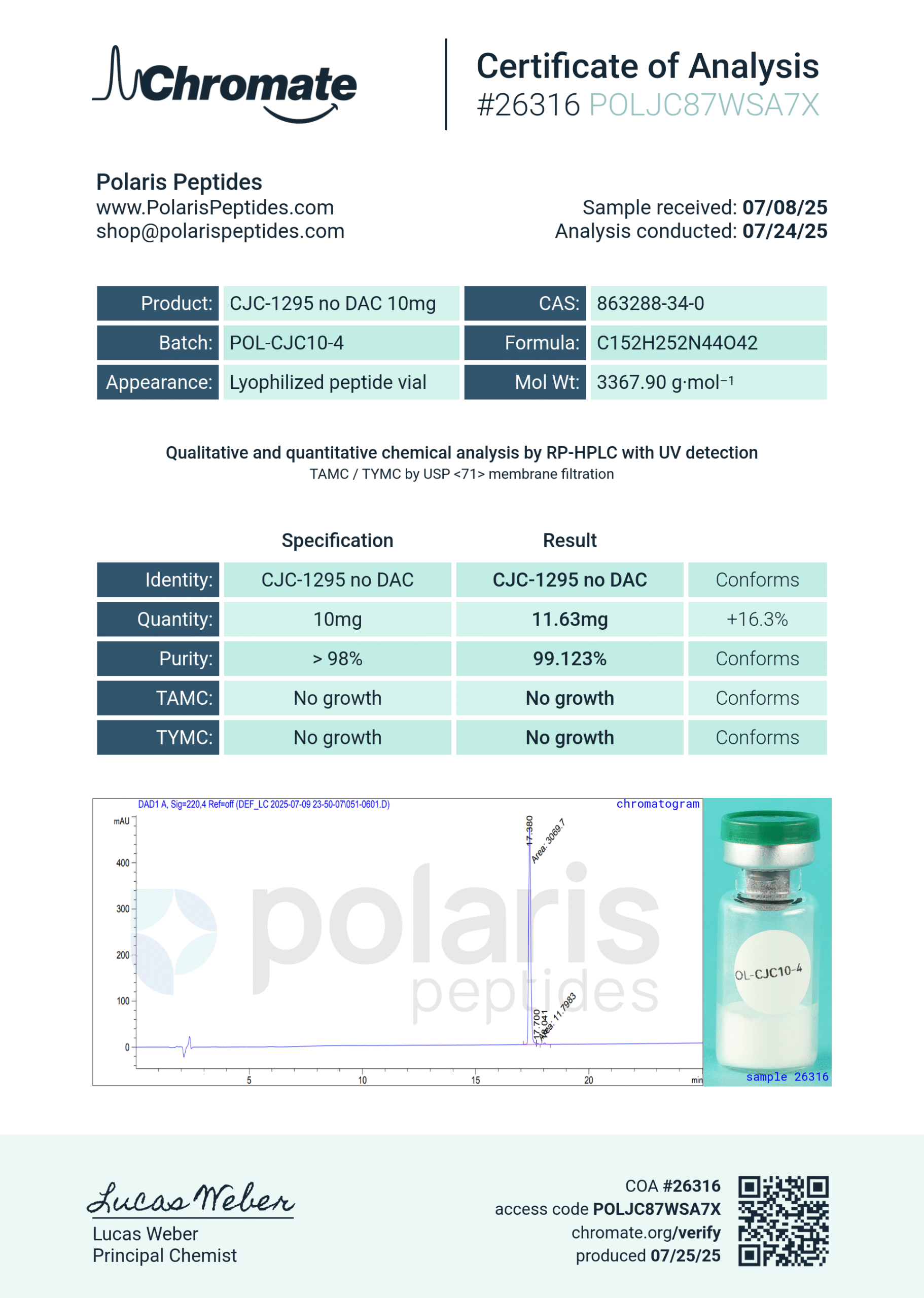 Certificate of Analysis for CJC-1295 (no DAC) 10mg from Polaris Peptides