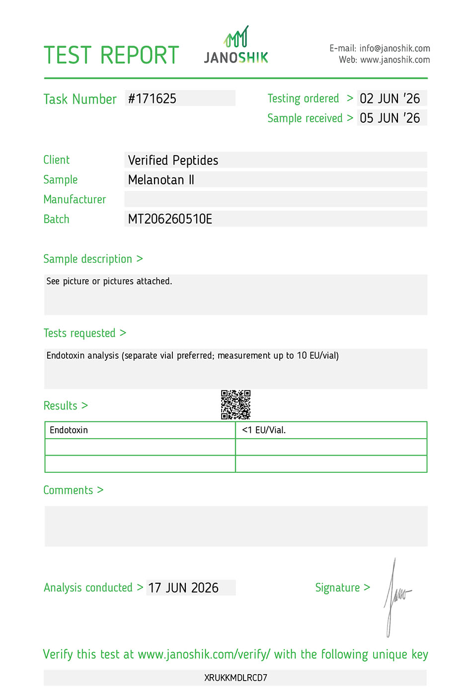 Certificate of Analysis for MT II Peptide (10MG) from Verified Peptides