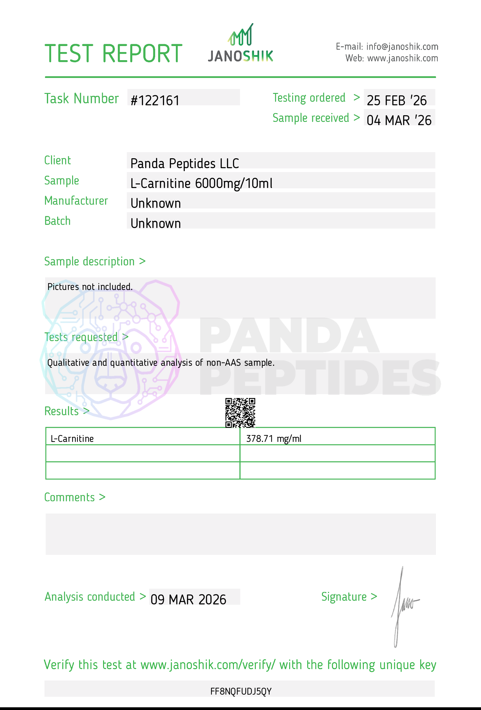 Certificate of Analysis for L-Carnitine from Panda Peptides