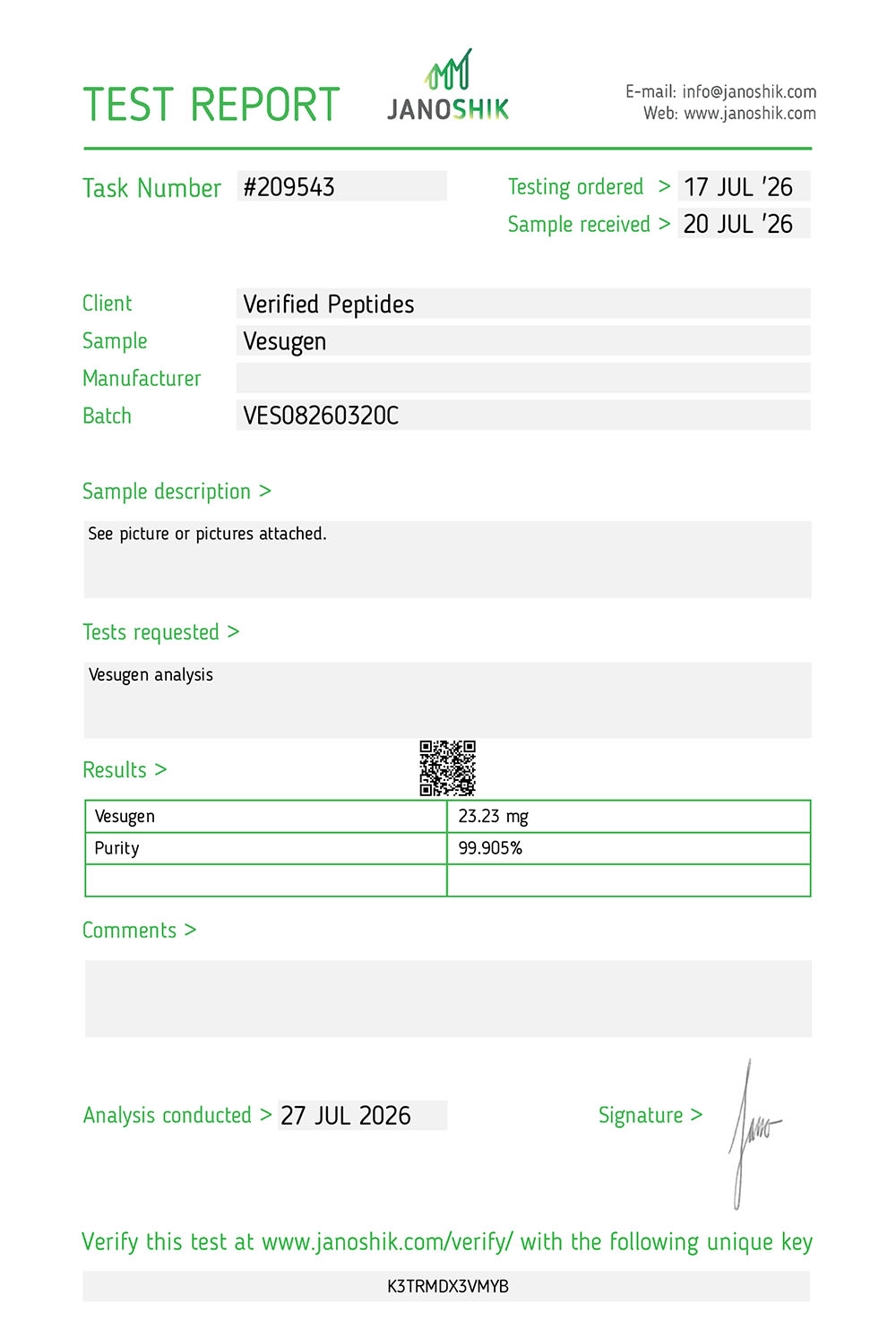 Certificate of Analysis for Vesugen Peptide (20MG) from Verified Peptides