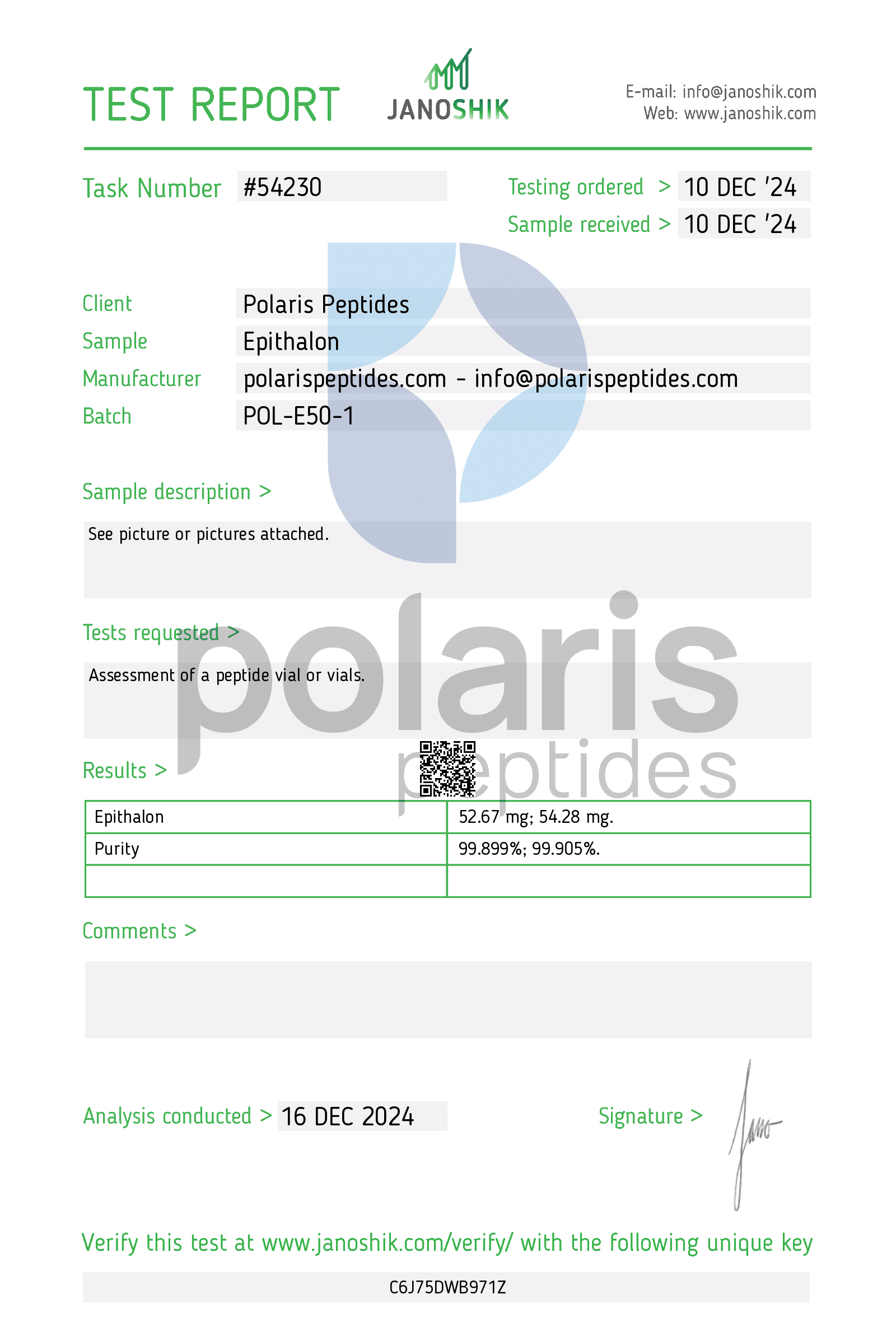 Certificate of Analysis for Epithalon 50mg from Polaris Peptides