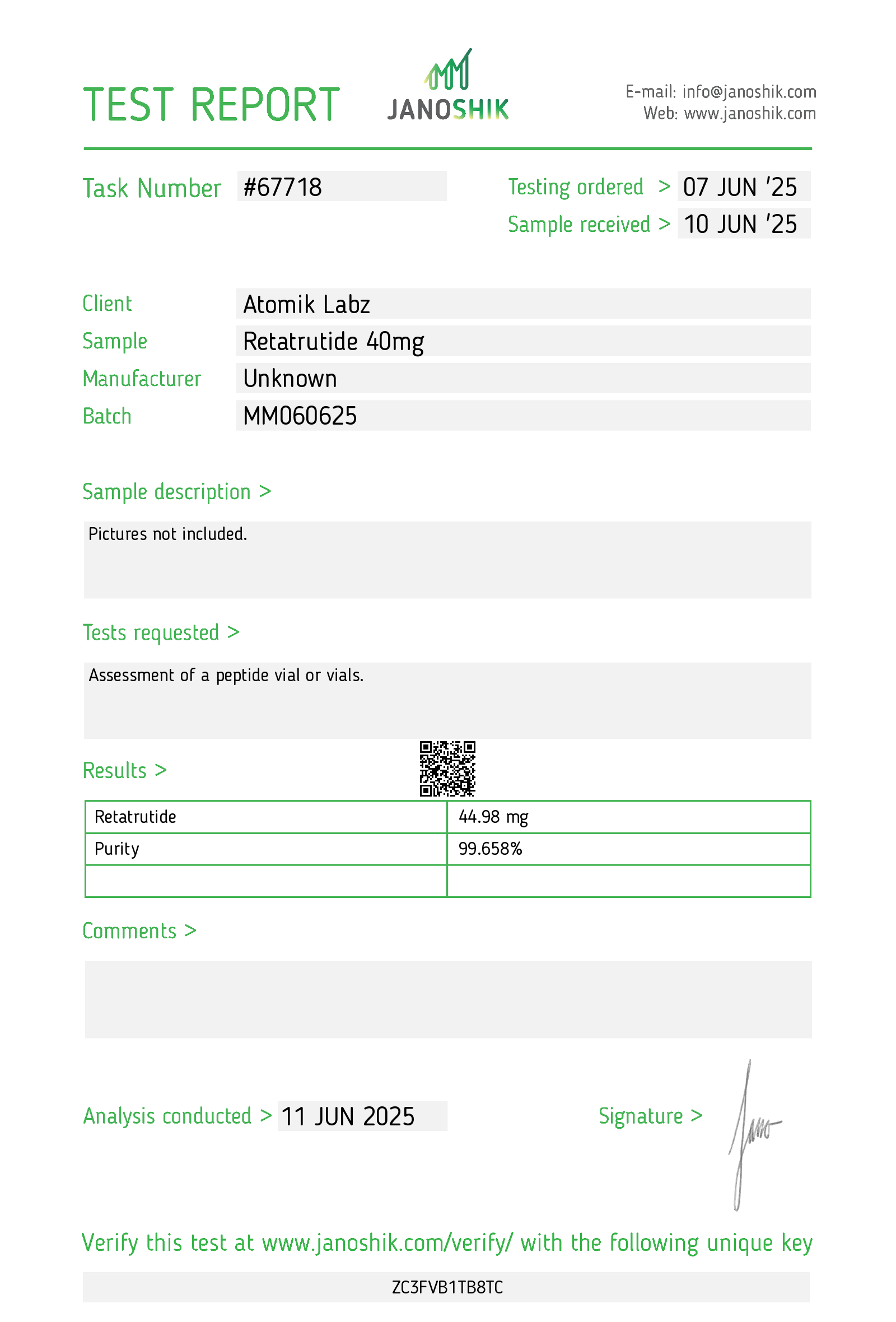 Certificate of Analysis for Retatrutide from Atomik Labz