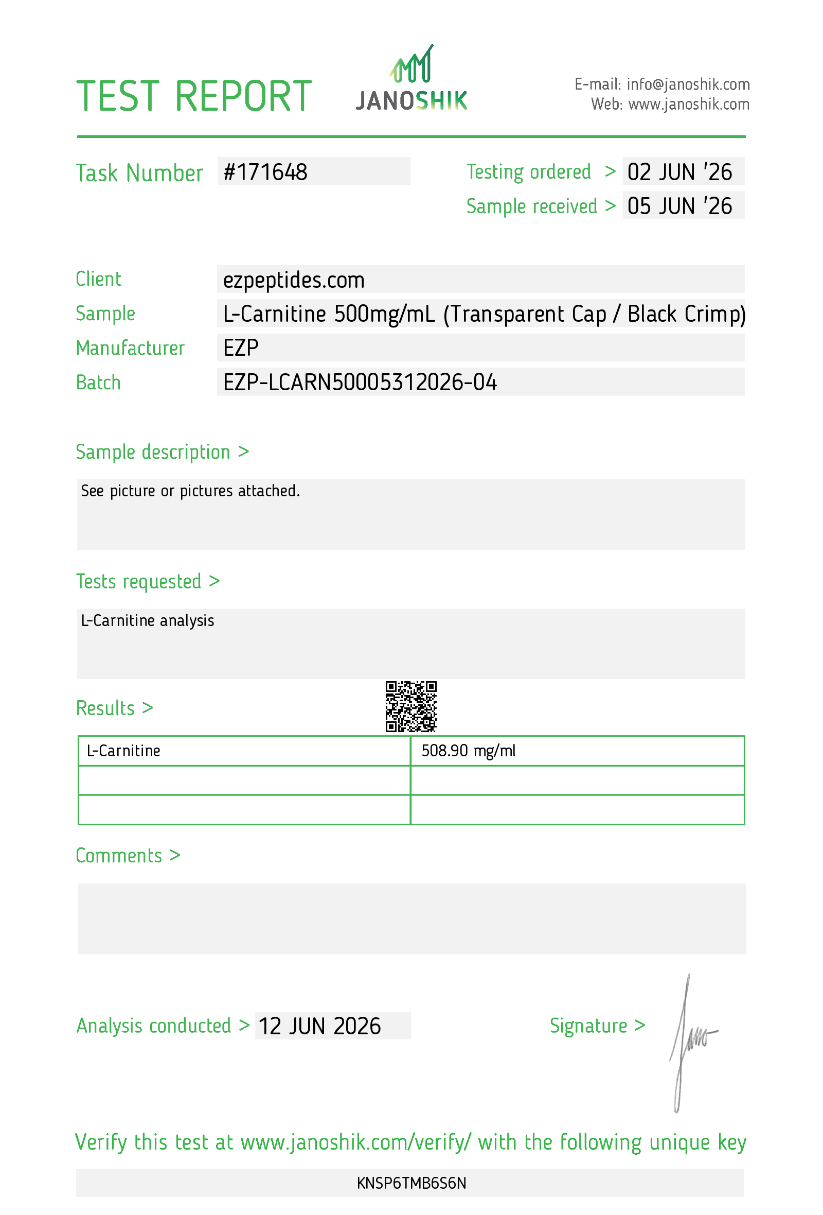Certificate of Analysis for L-Carnitine 500mg-mL (10mL) from EZ Peptides