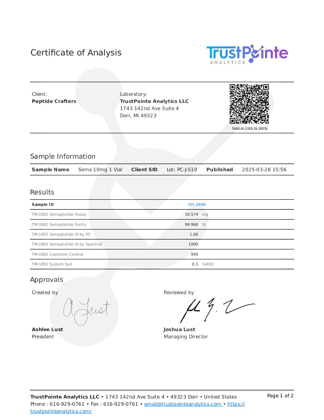 Certificate of Analysis for GLP-1 (S) 10mg from Peptide Crafters
