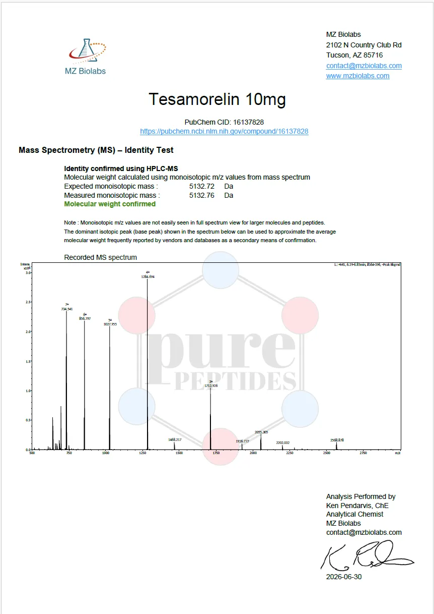 Certificate of Analysis for TESAMORELIN 10MG from Pure Peptides Bio