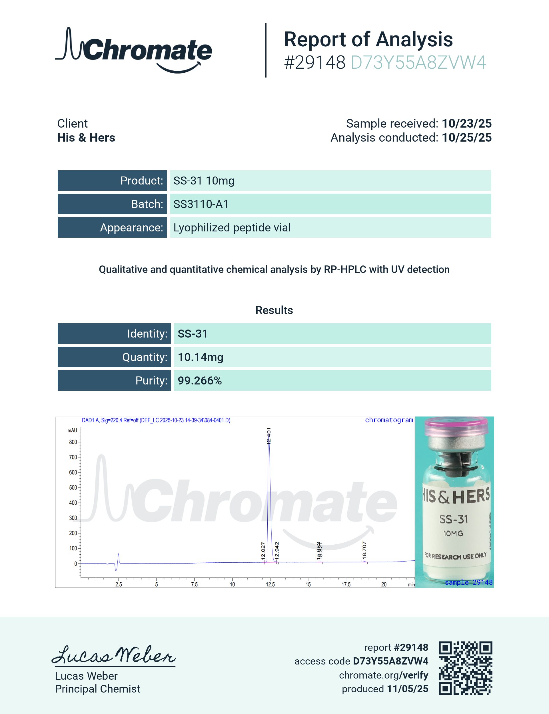 Certificate of Analysis for SS-31 10mg from VAYN