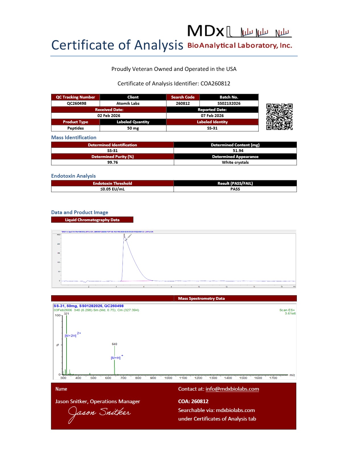 Certificate of Analysis for SS-31 from Atomik Labz