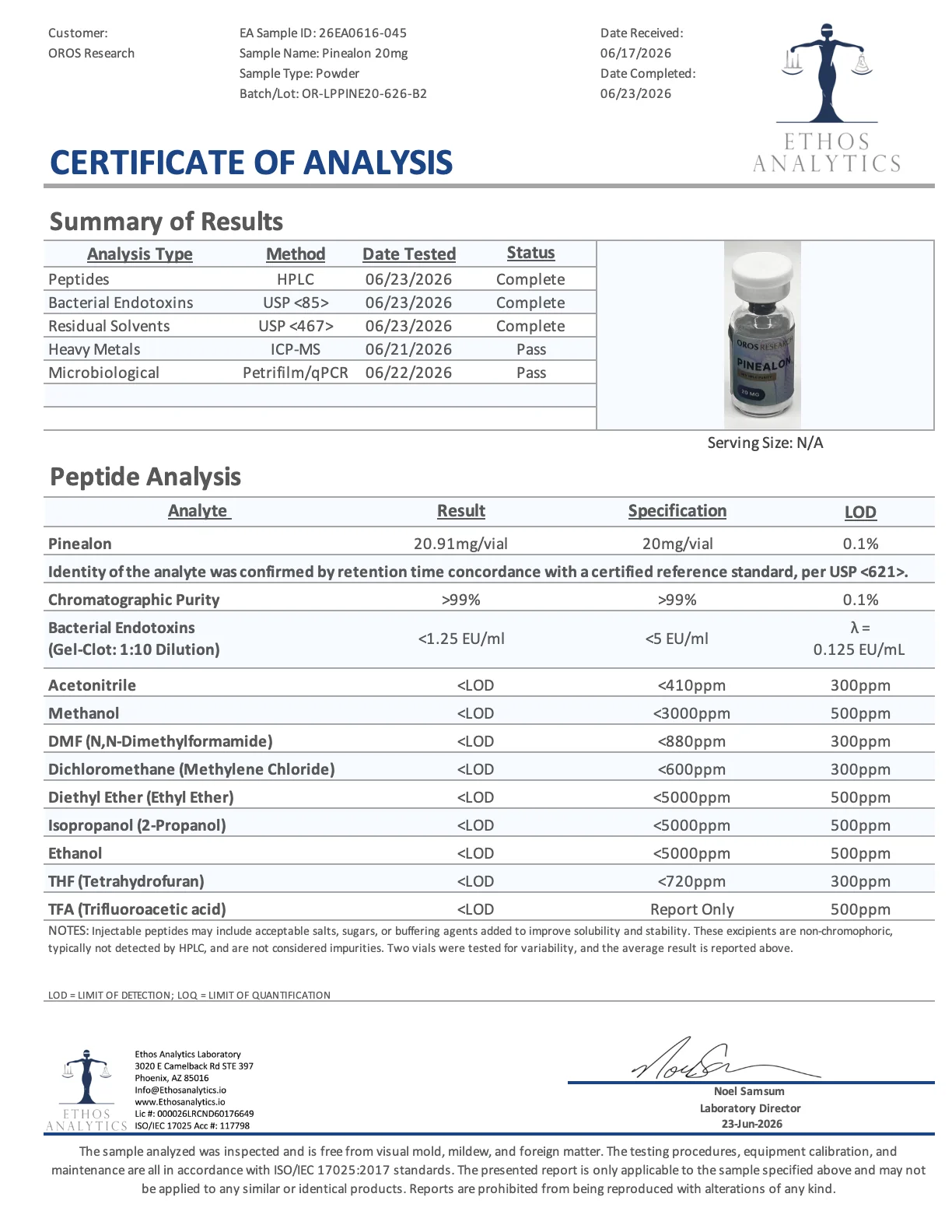 Certificate of Analysis for Pinealon from Oros Research