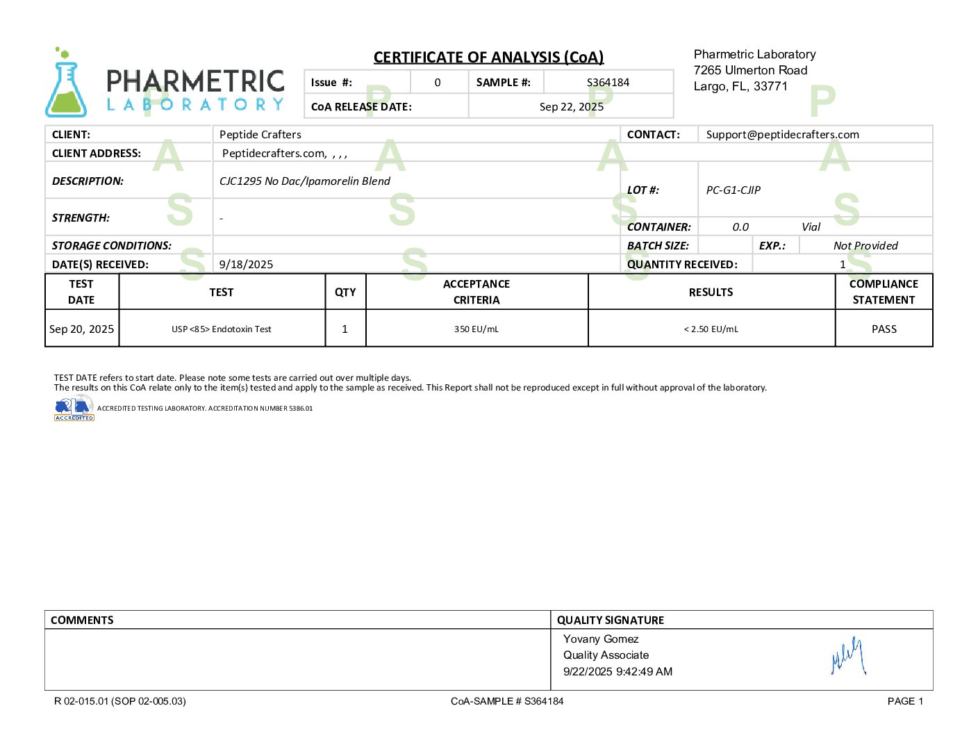 Certificate of Analysis for CJC-1295 No DAC - Mod GRF (1-29) & Ipamorelin 12mg (6mg/6mg) Blend from Peptide Crafters
