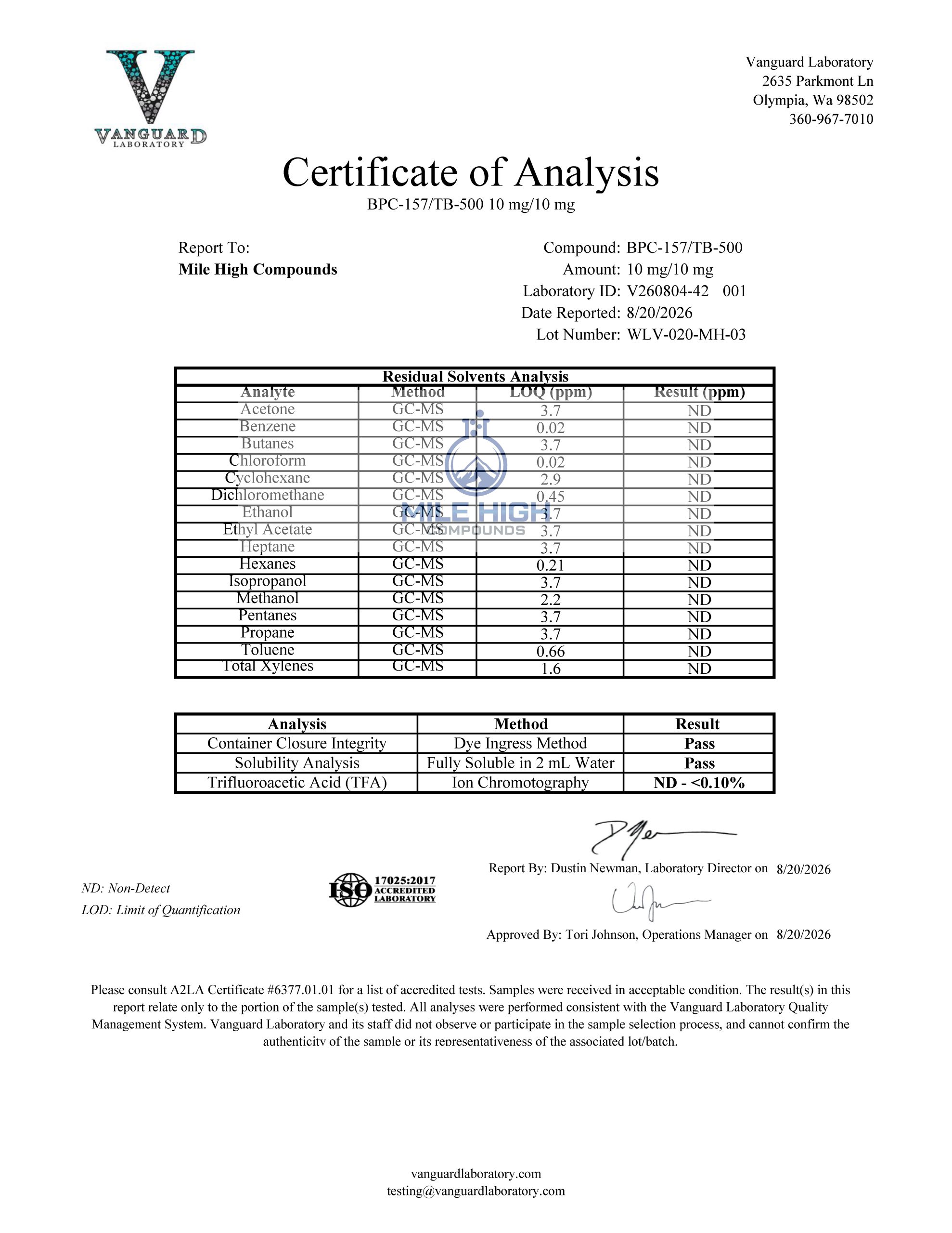 Certificate of Analysis for Bpc 157 Tb 500 Blend from Mile High Compounds