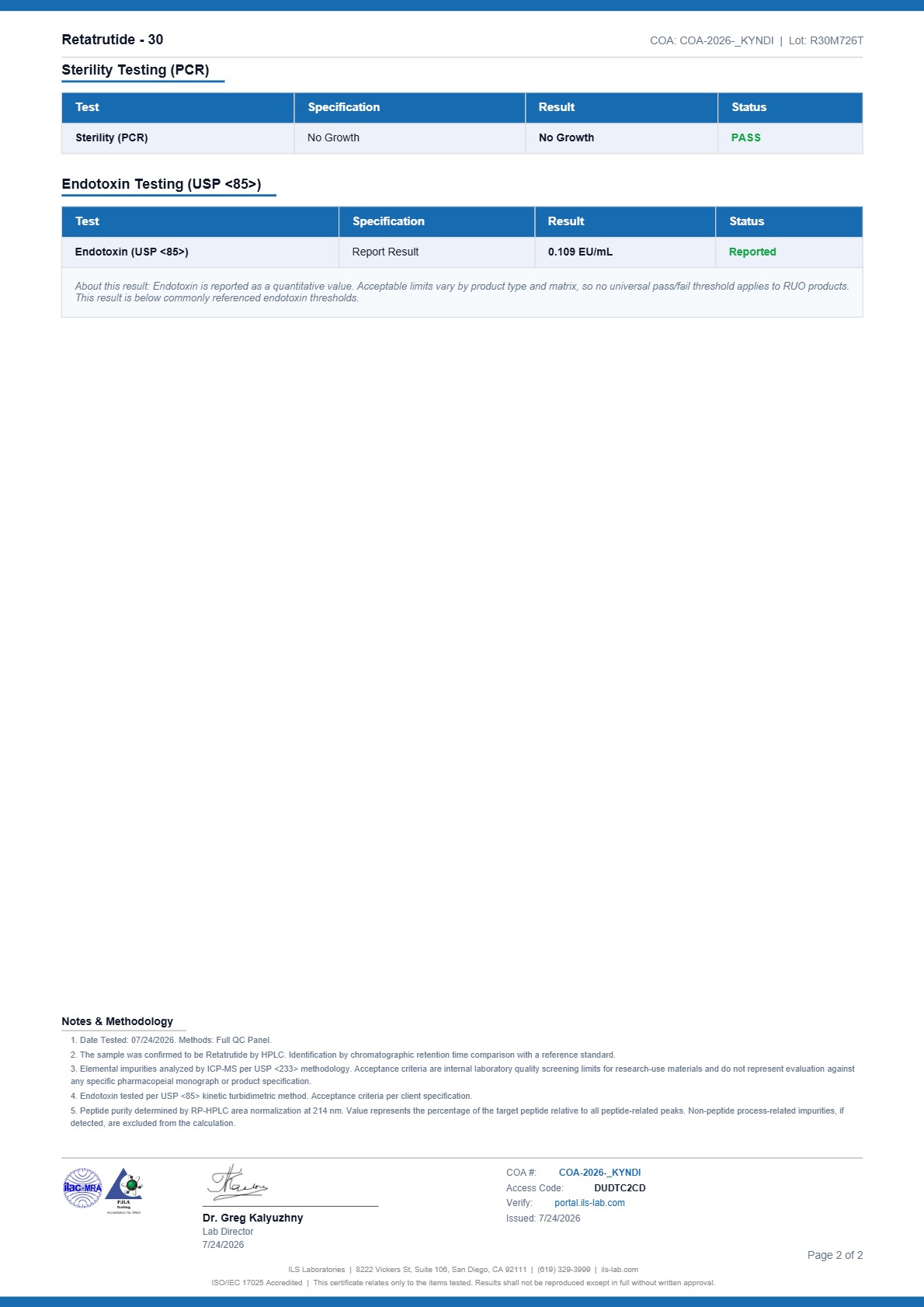 Certificate of Analysis for Retatrutide from Atomik Labz