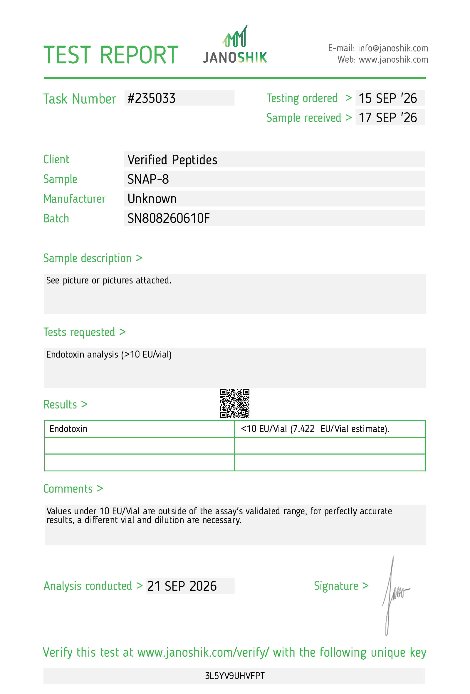 Certificate of Analysis for SNAP-8 Peptide (10MG) from Verified Peptides