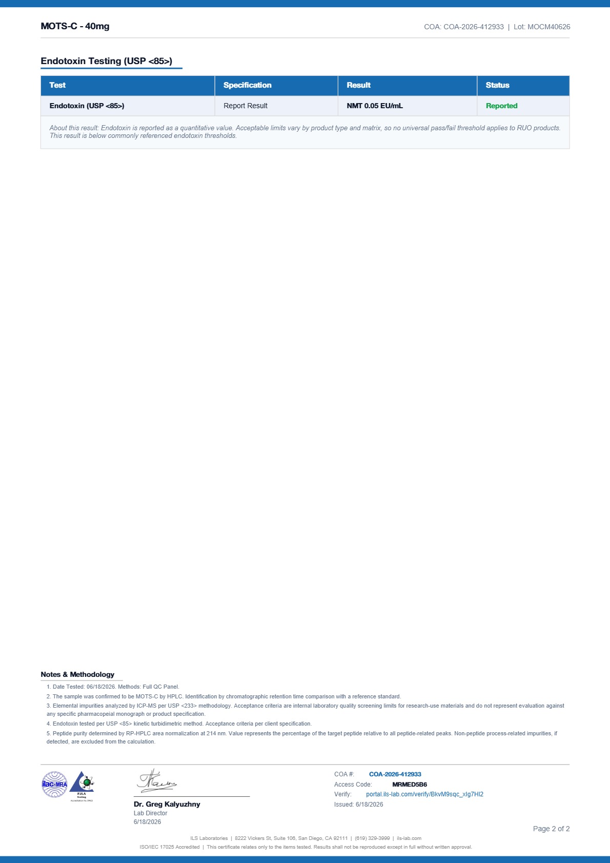 Certificate of Analysis for MOTS-c from Atomik Labz