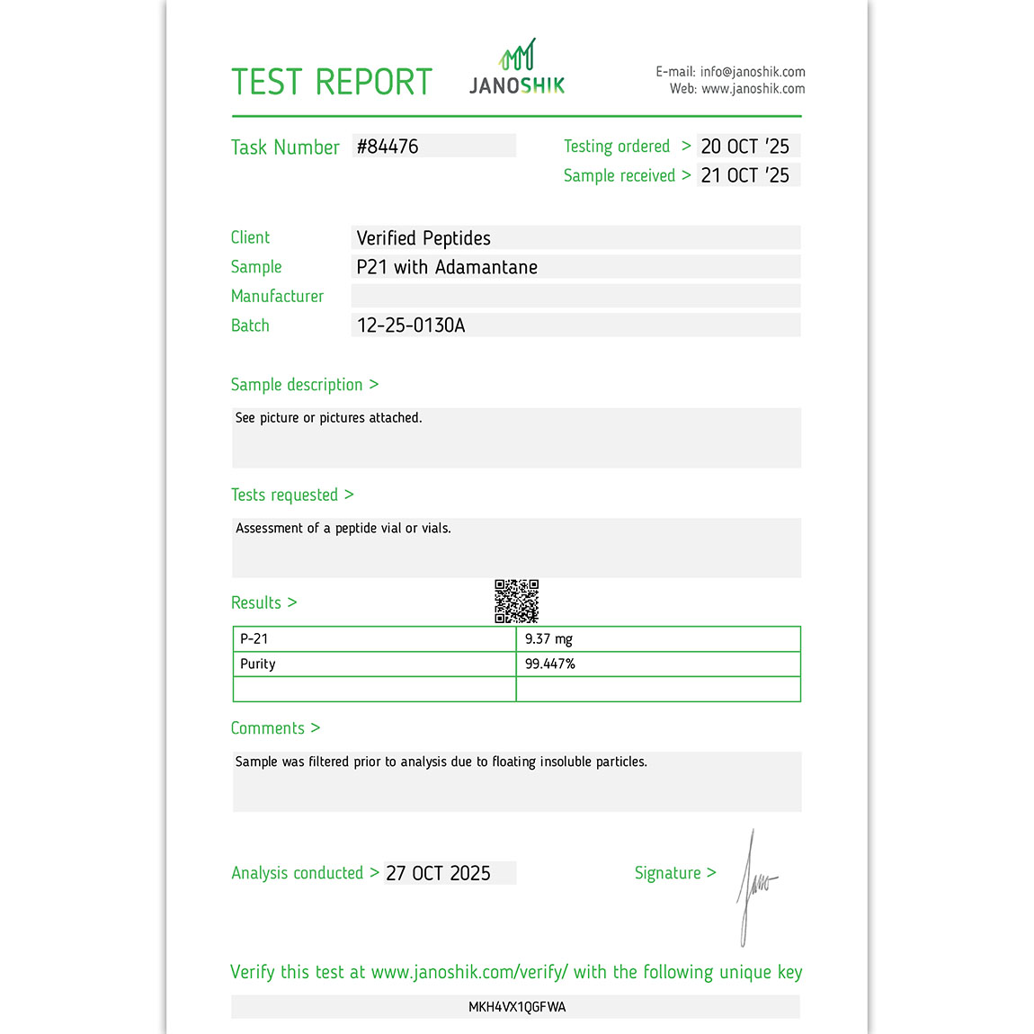 Certificate of Analysis for P21 Peptide 10MG (P021) from Verified Peptides
