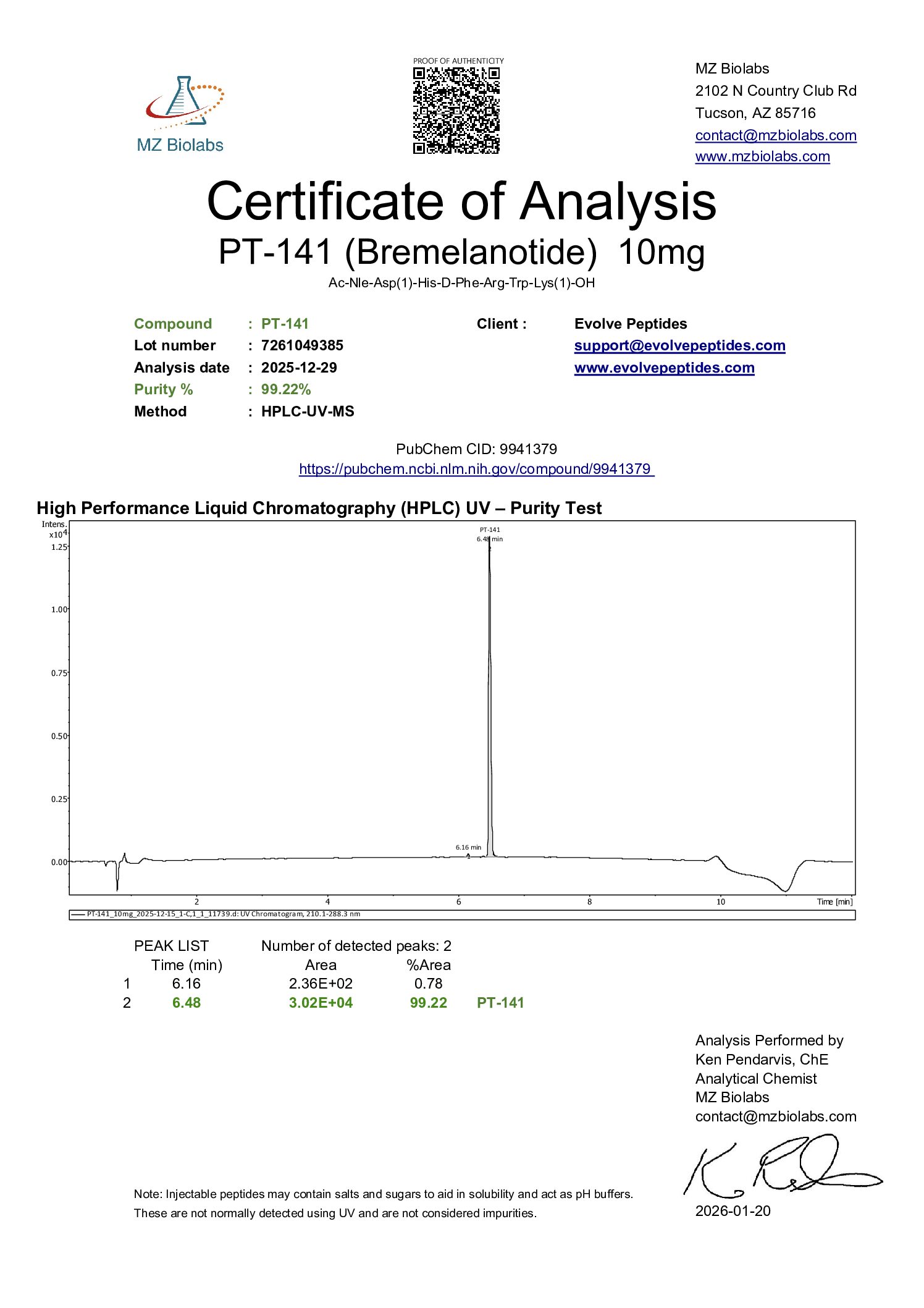 Certificate of Analysis for PT-141 (10mg) from Evolve Peptides