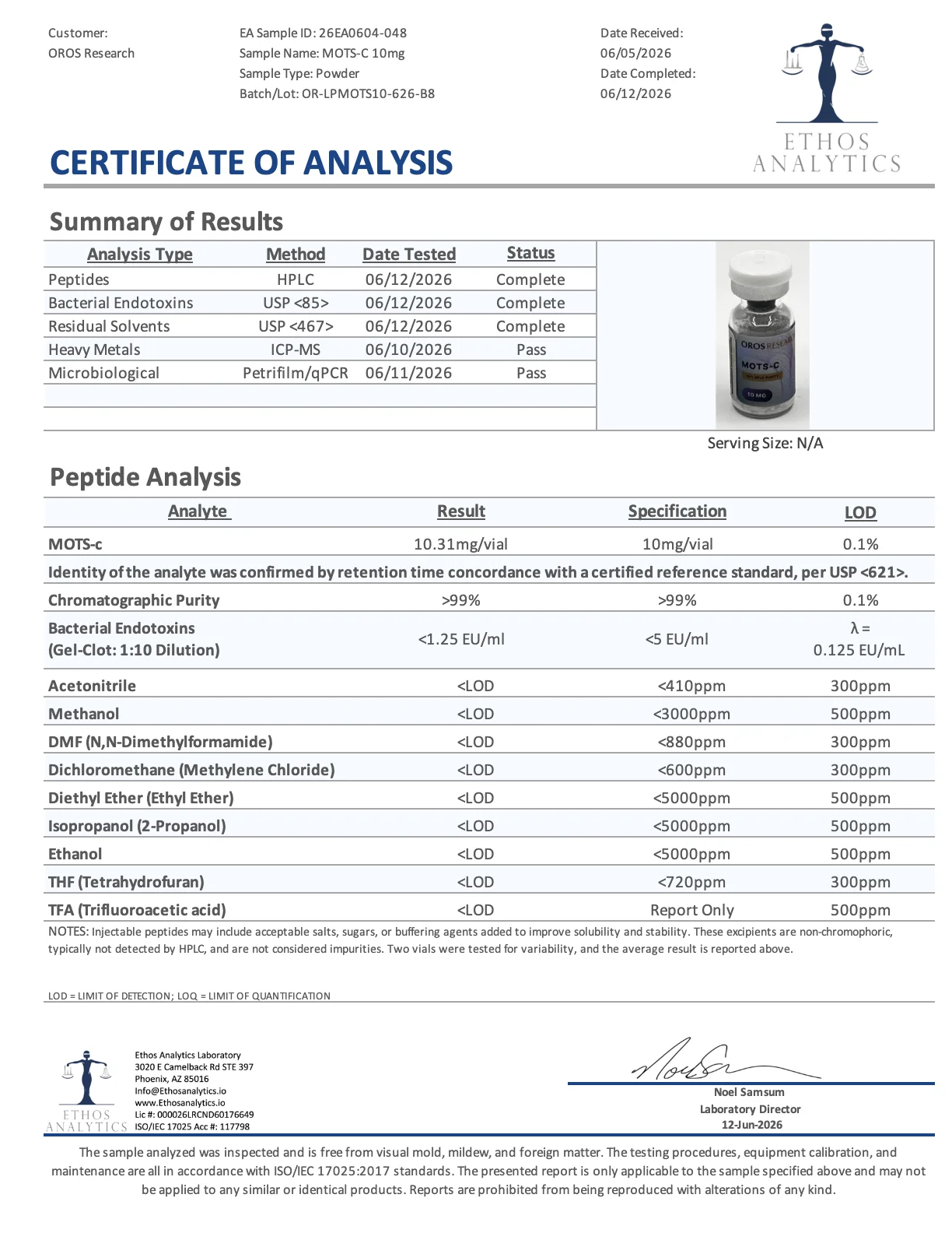Certificate of Analysis for MOTS-C from Oros Research