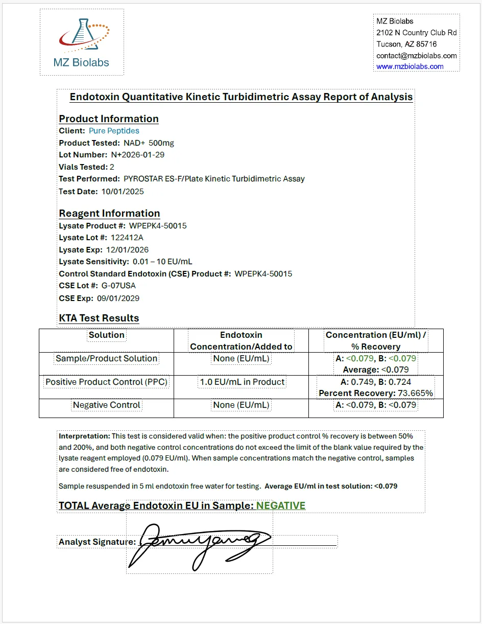 Certificate of Analysis for NAD 500MG from Pure Peptides Bio