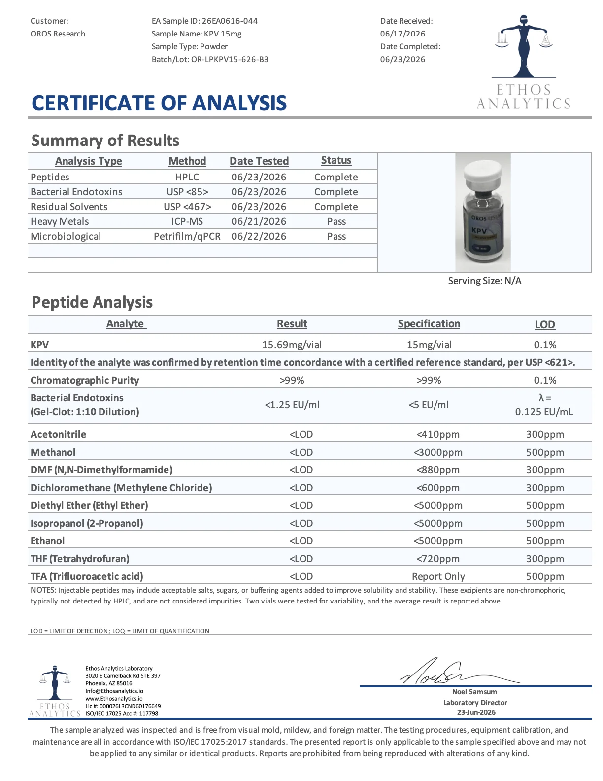 Certificate of Analysis for KPV from Oros Research