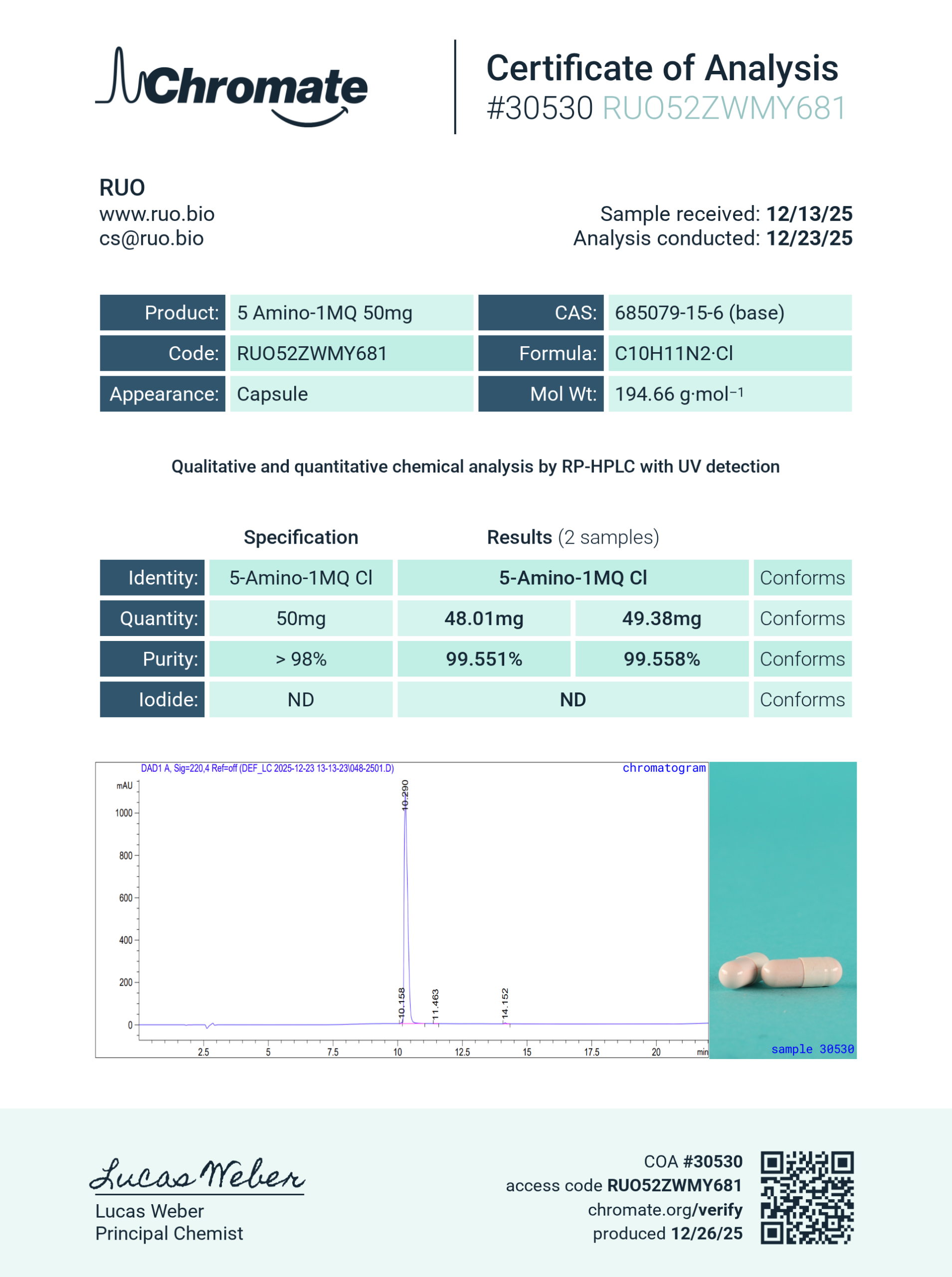 Certificate of Analysis for 5-Amino-1MQ 50mg from RUO