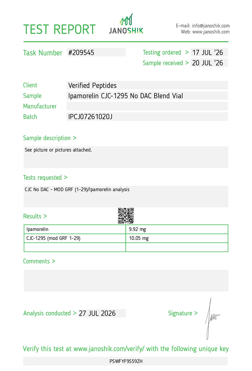 Certificate of Analysis for Blend: Ipamorelin CJC-1295 (No DAC) 20MG from Verified Peptides