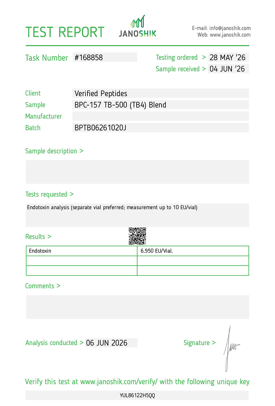 Certificate of Analysis for Blend: BPC-157 TB-500 Peptide (20MG) from Verified Peptides