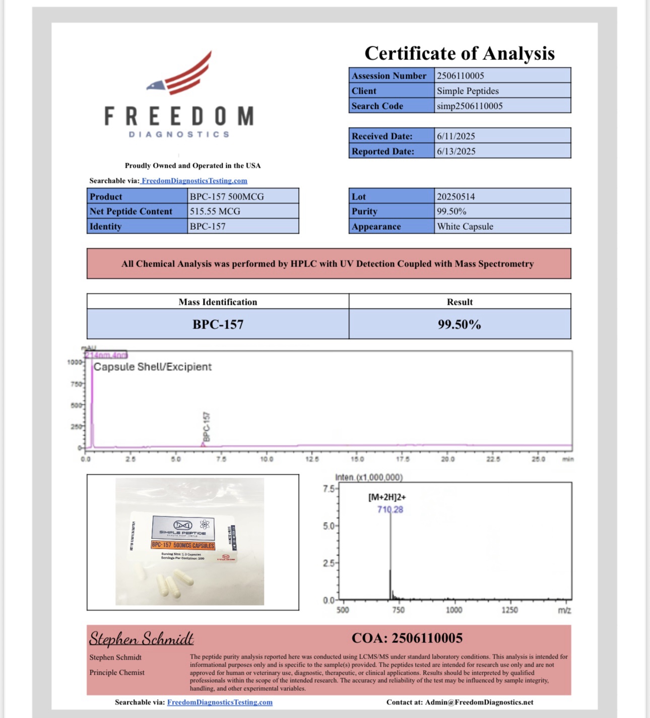Certificate of Analysis for BPC-157 from Simple Peptide