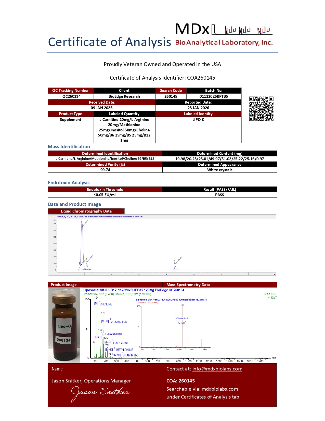 Certificate of Analysis for LipoC + B12 (10mL) from BioEdge Research Labs