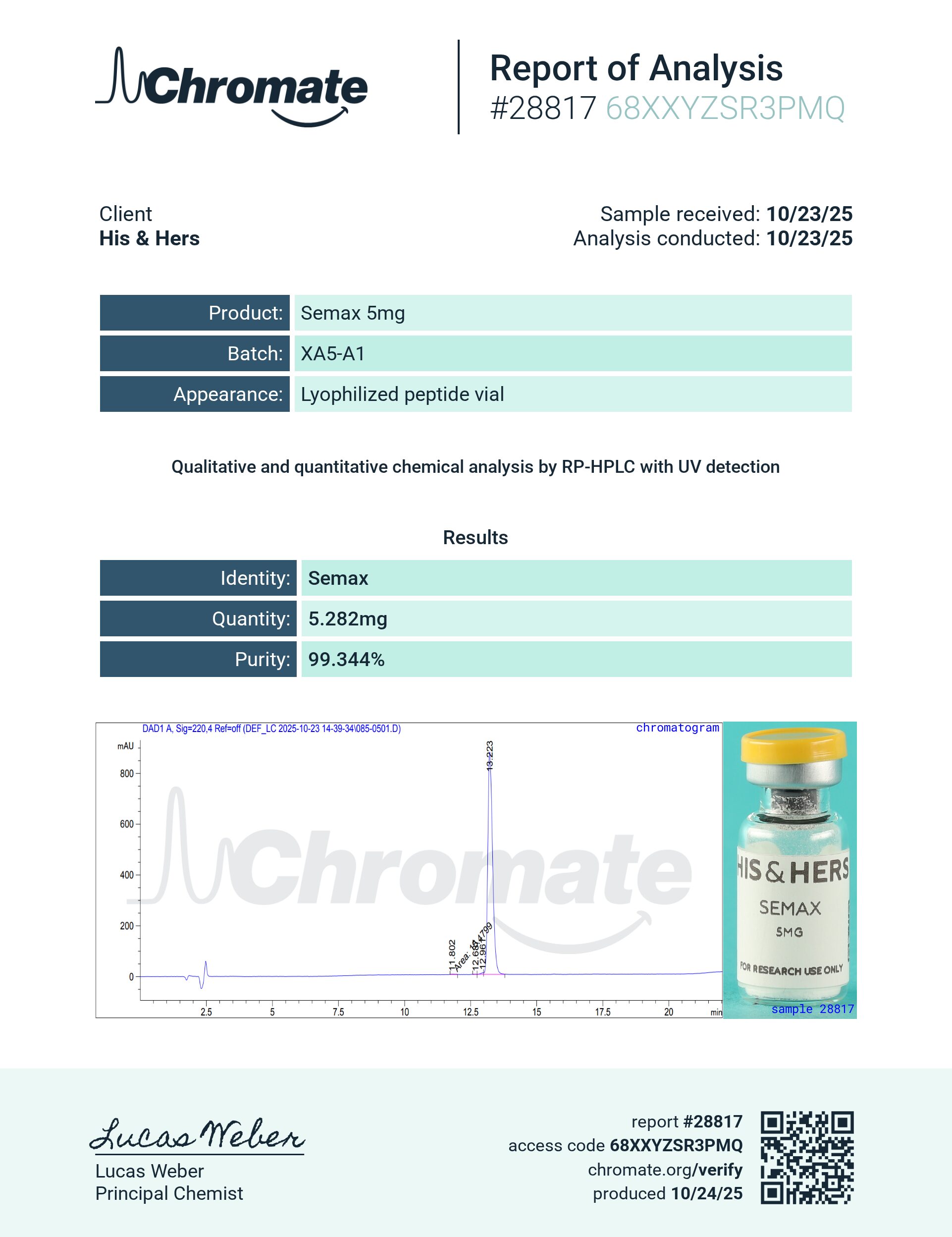 Certificate of Analysis for Semax 5mg from VAYN